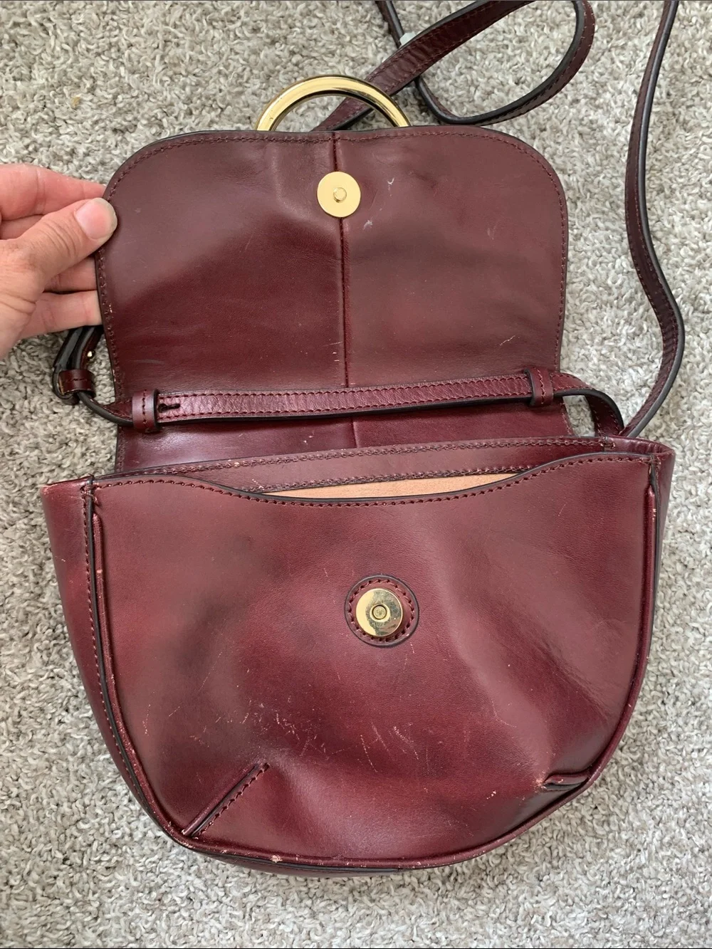 Y2K Banana Republic Burgundy Leather Crossbody Bag with Gold Ring Detail